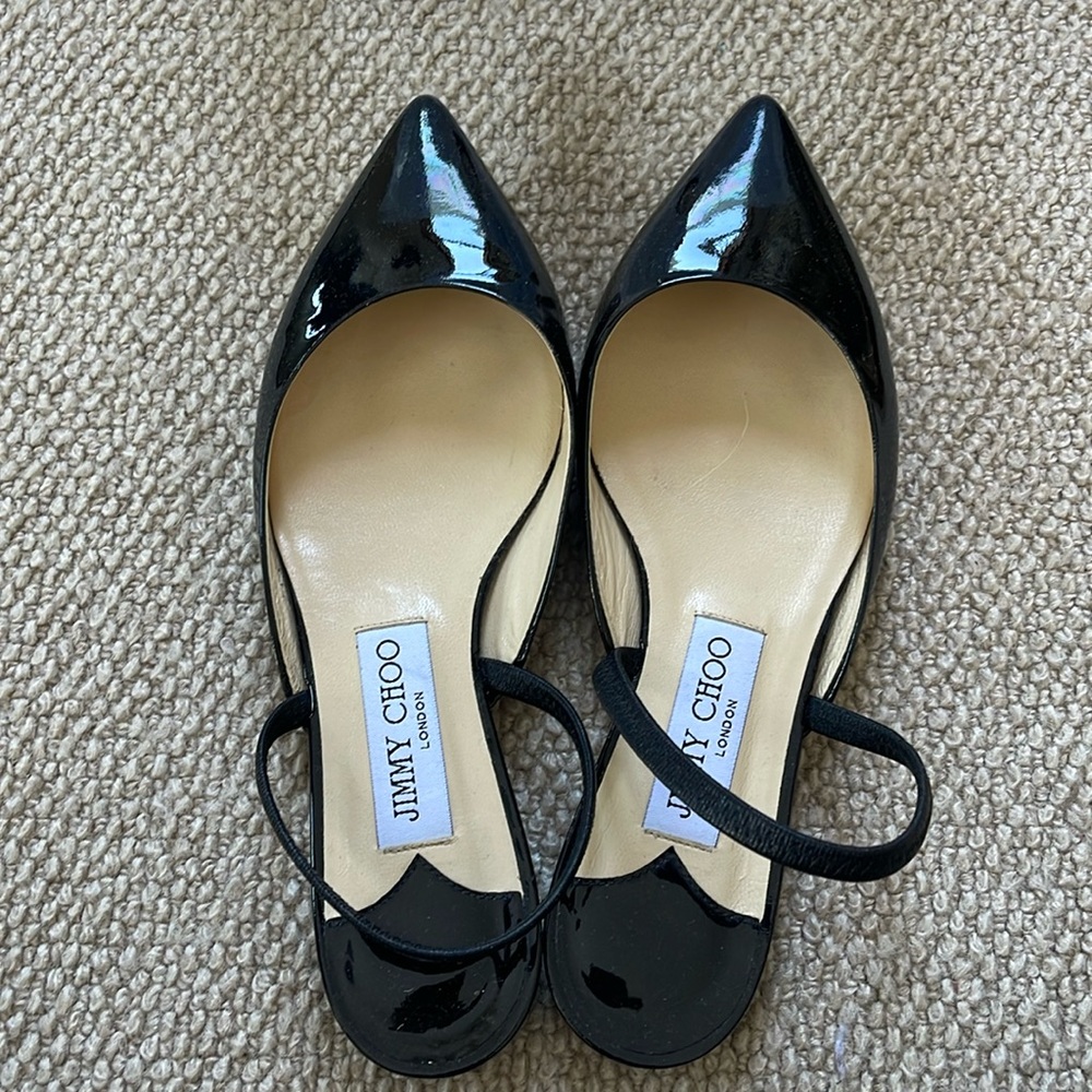 Jimmy Choo Black Patent Pointed-Toe Slingback Flats
